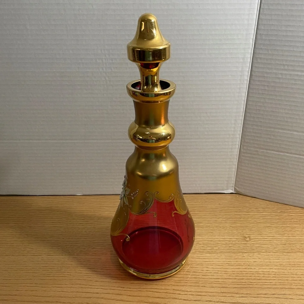 Bohemian Czech Ruby Red Gold Gilt Crystal Decanter & 4 Glasses Enamel Flowers